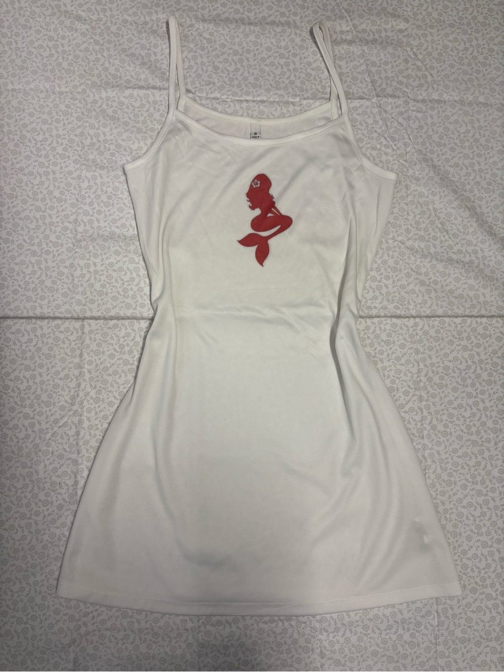 Women's S White Spaghetti Strap Square Neck Mini Dress Red Graphic Print Stretch